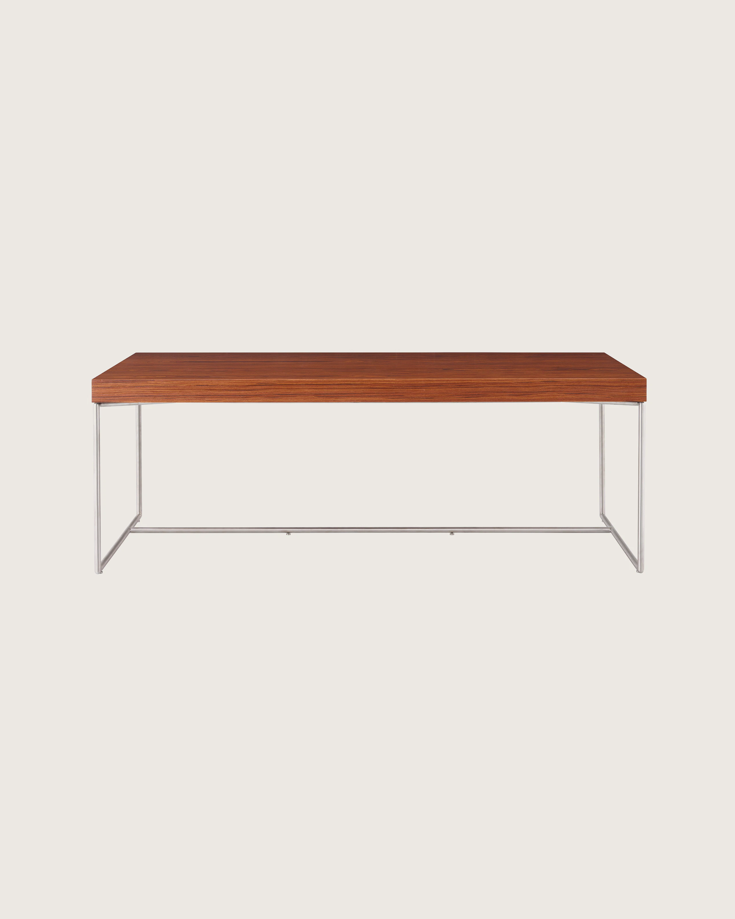 A Domino Desk with wood top and metal base.