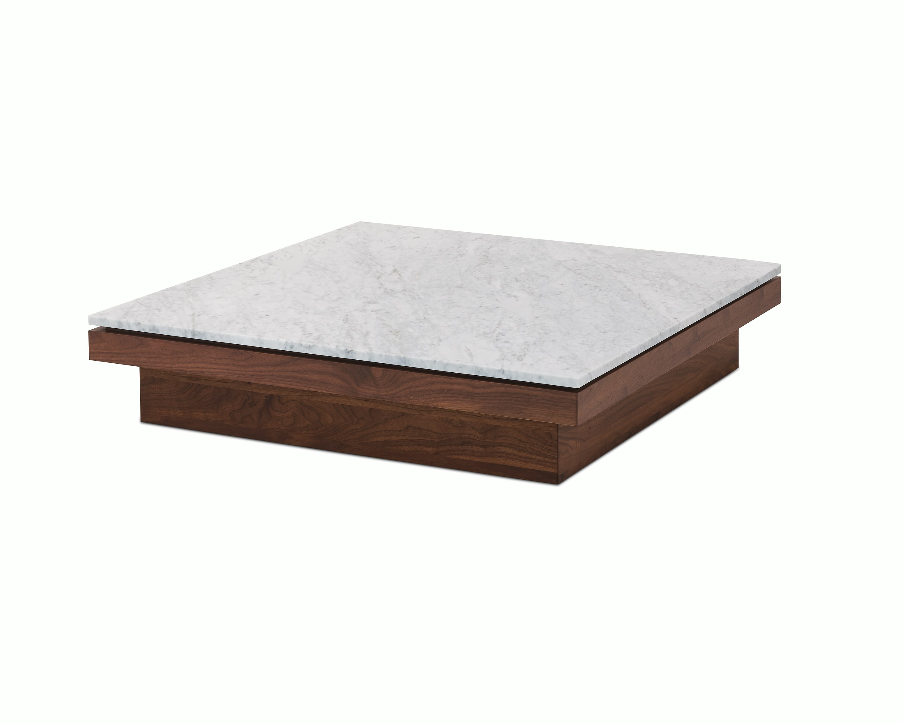 Pawson Drift Coffee Table with walnut base and white marble top, viewed from an angle.