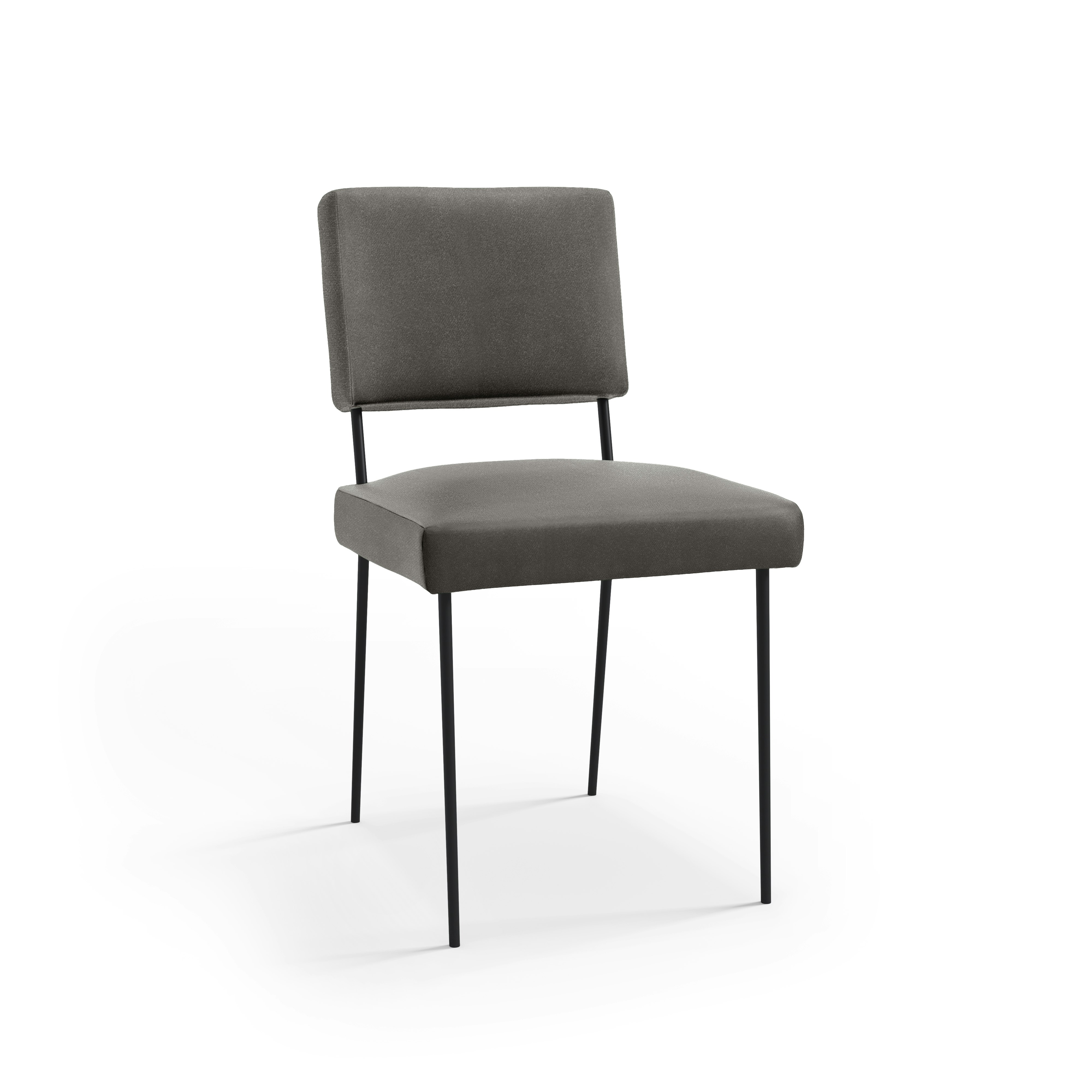 An M-Chair in Spitfire Velvet: Dove with black legs viewed from an angle.