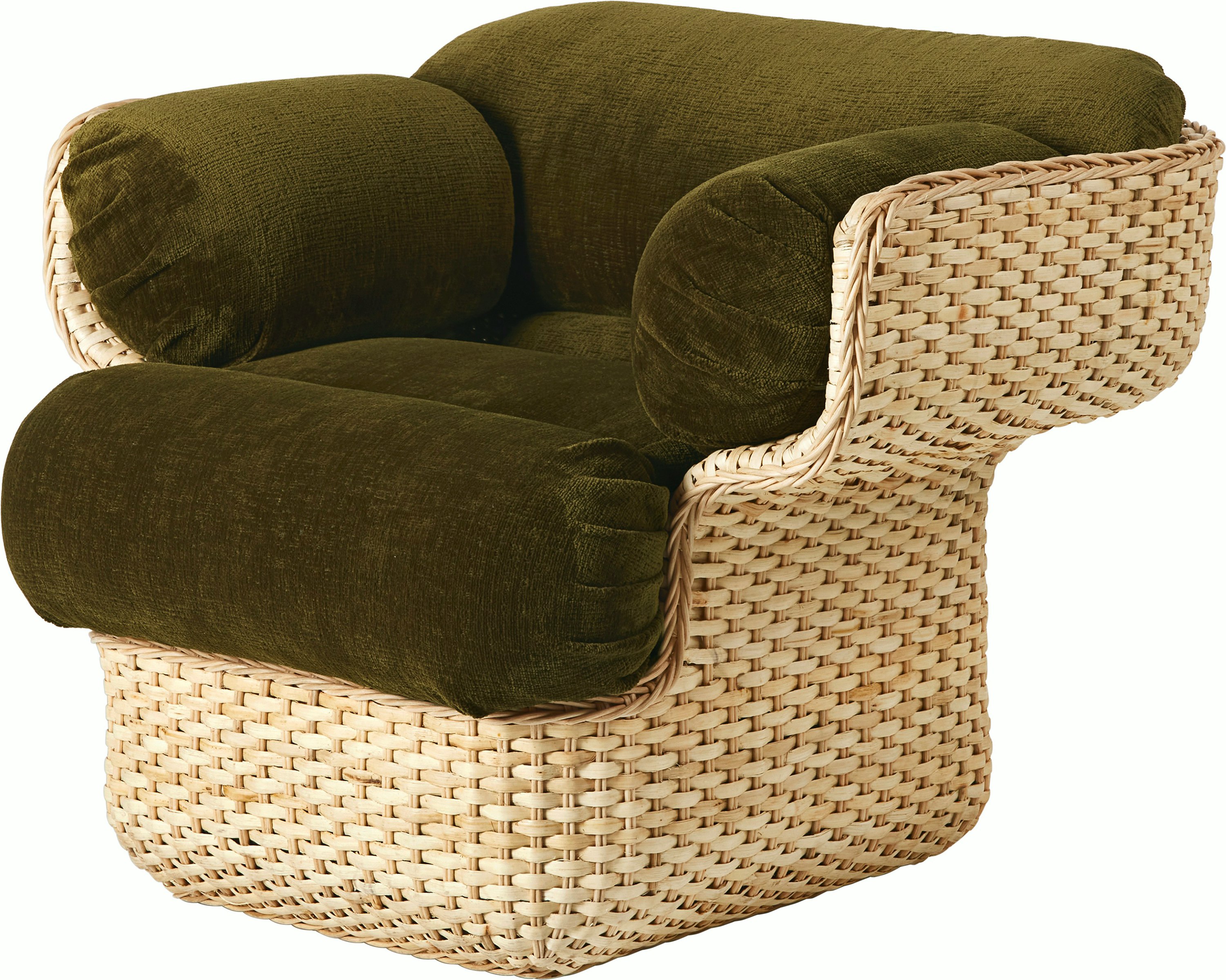 A Basket Lounge Chair in Moss, Rattan viewed from an angle.