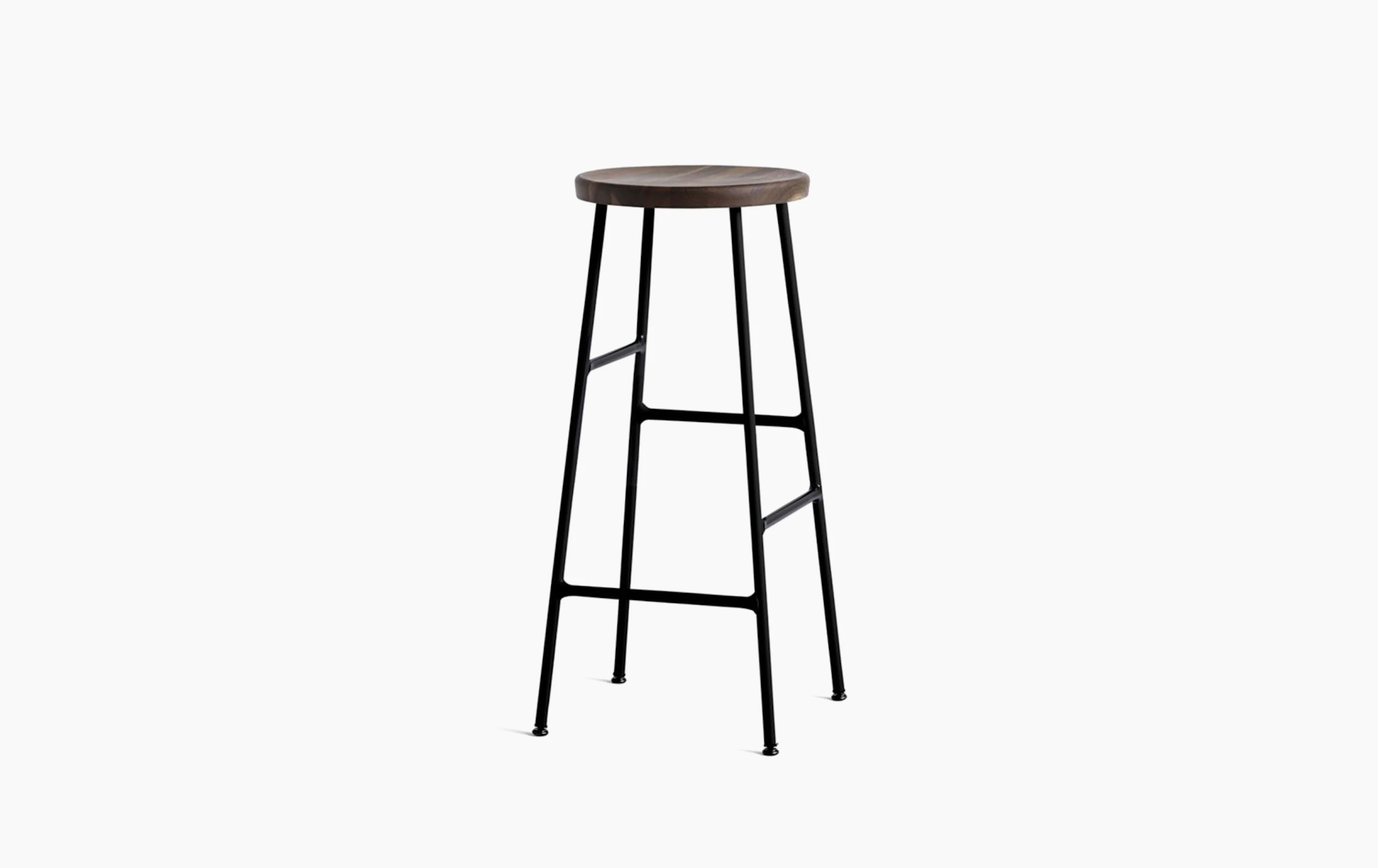 A Cornet Barstool with a smoked oak seat and black base.
