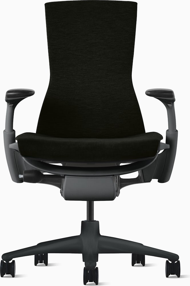 The herman miller embody chair in a basic black color, facing forward.