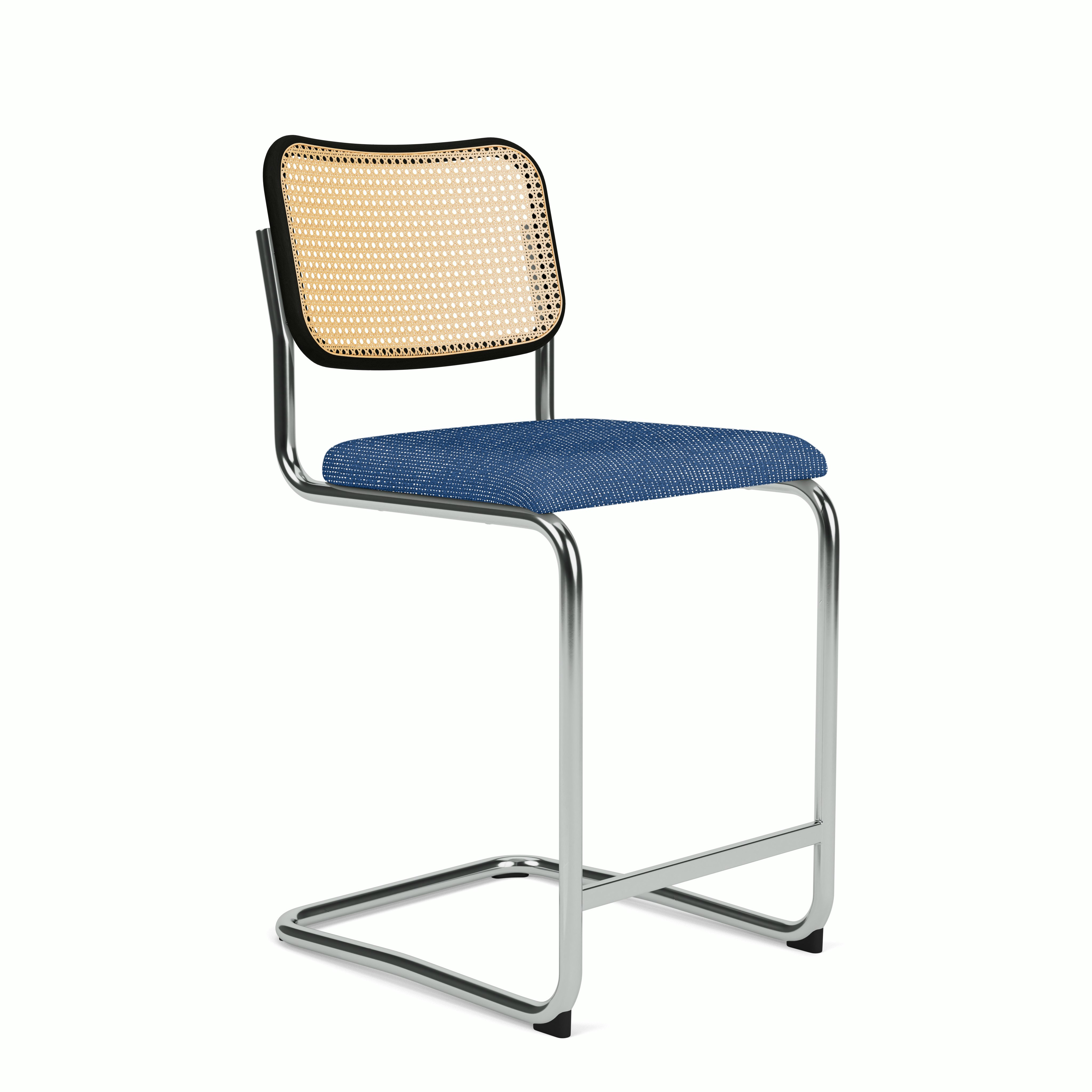 Cesca Counter Stool - Caned with Ebonized Beech Back,  Upholstered Seat,  Prestini,  Royal and White