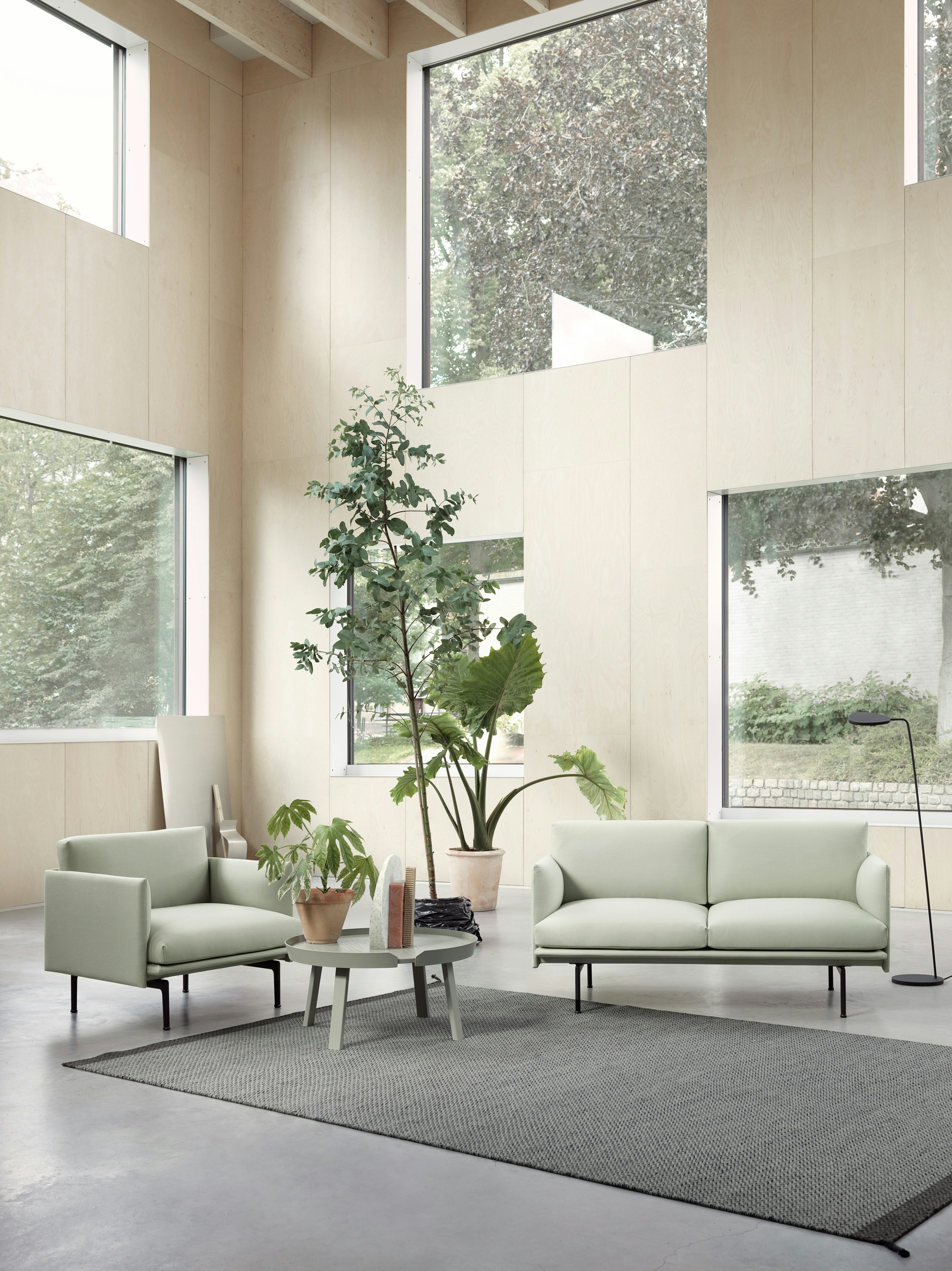 Outline Series Steelcut 935, Around Cofee Table Dusty green, Ply Rug Dark Grey, Leaf Floor Lamp Black