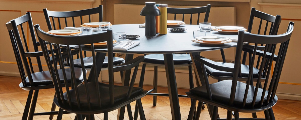 Six J 41 Side Chairs around a Copenhague 25 Dining Table