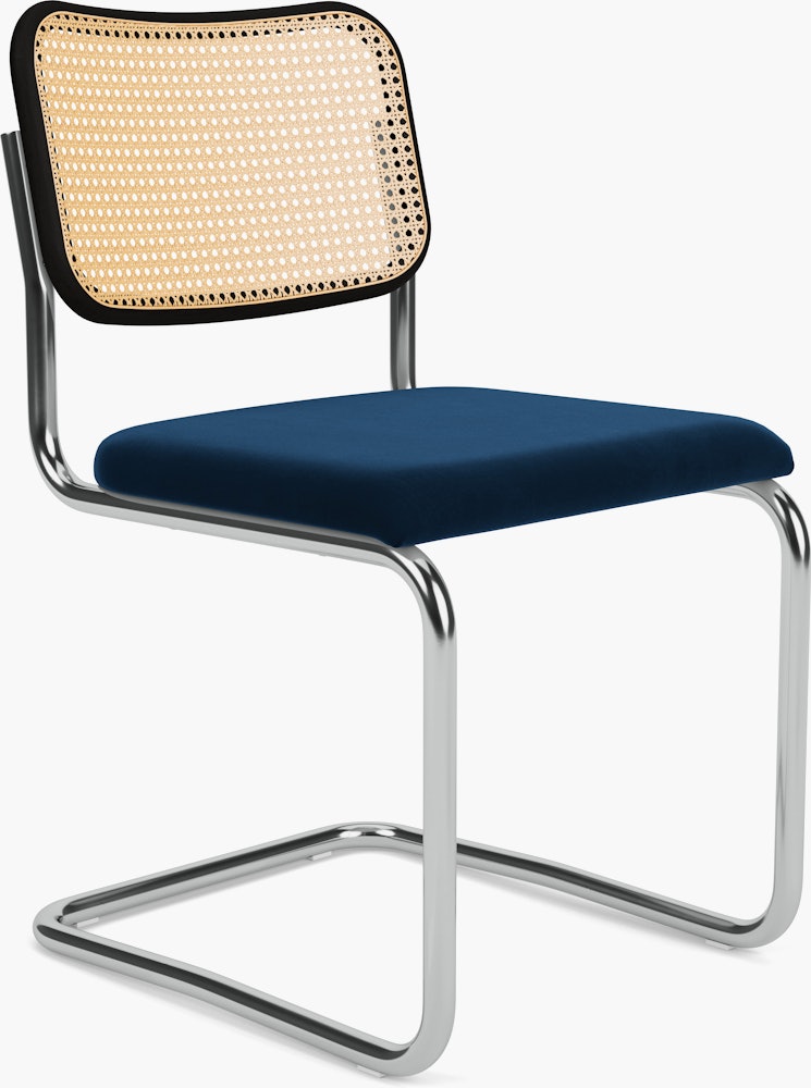 Cesca Side Chair, Caned \ Ebonized BeechBack, Upholstered Seat, Knoll Velvet, Aviator