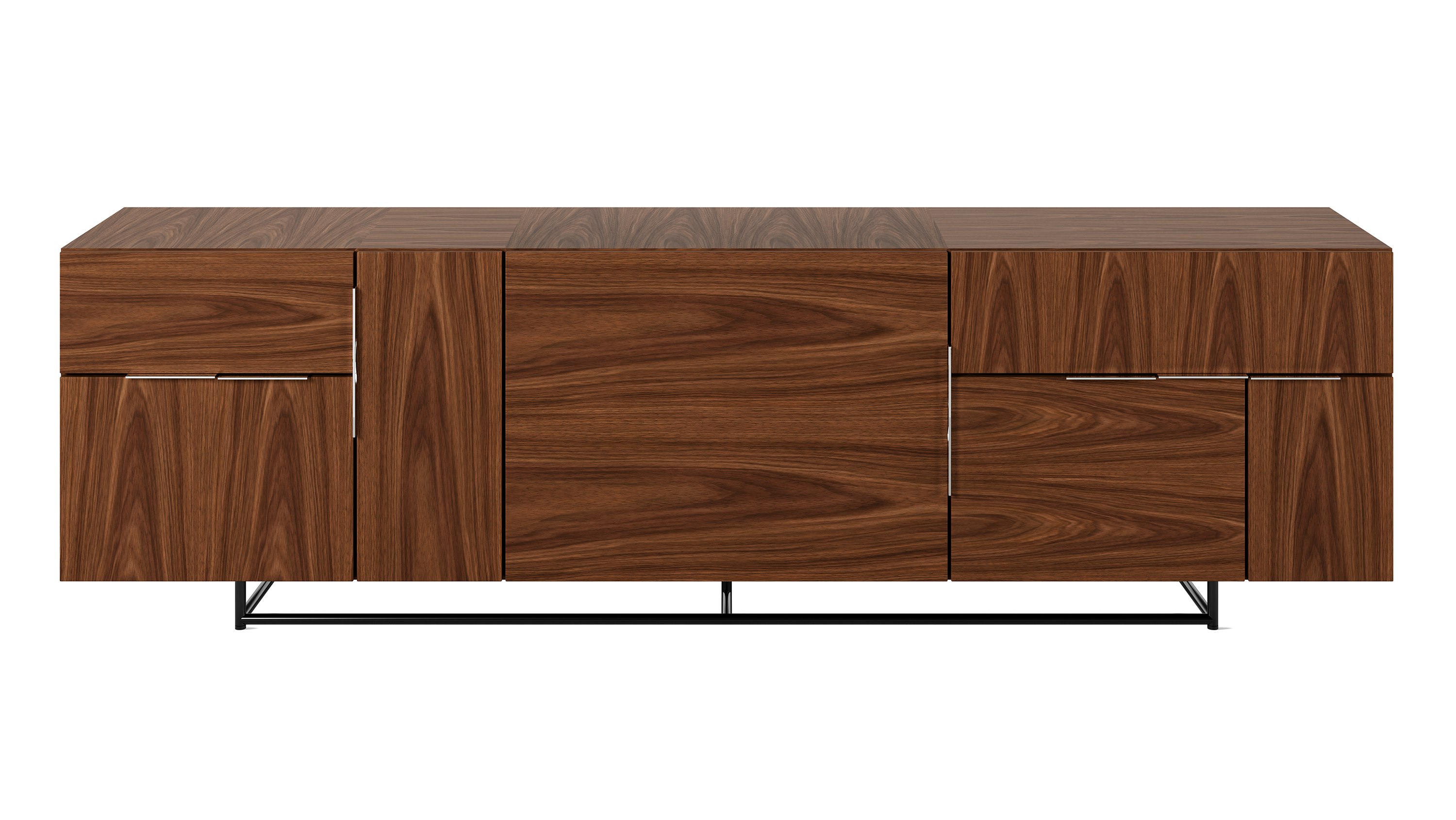 Three unit wide Domino Credenza with mixed storage in walnut with a black base viewed from the front.