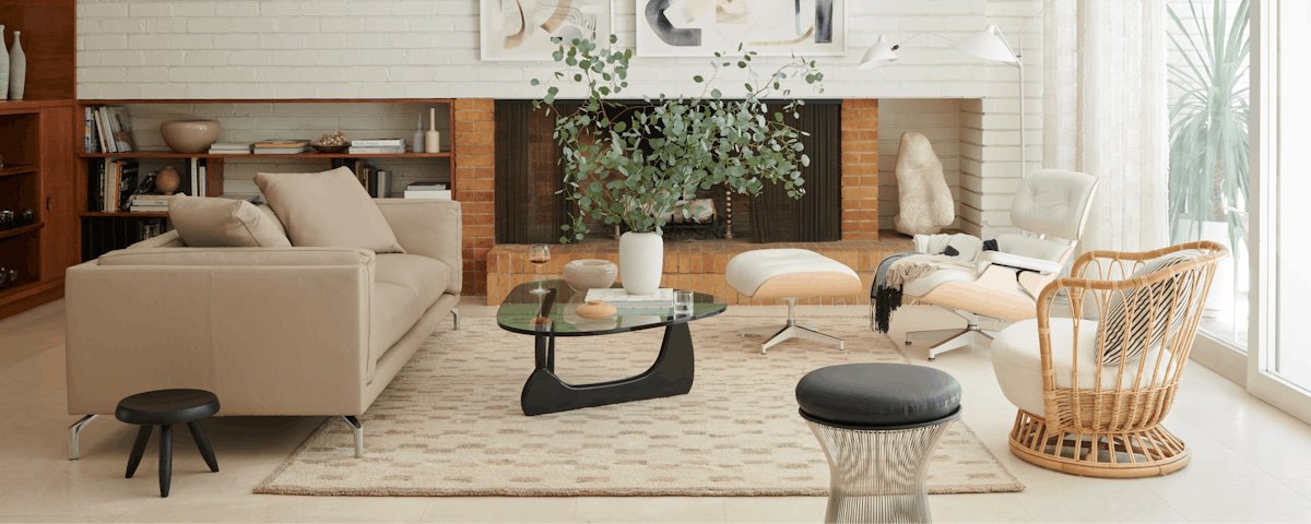 Marl Handwoven Moroccan Wool Rug, Como Sofa and Noguchi Coffee Table in a home living room setting