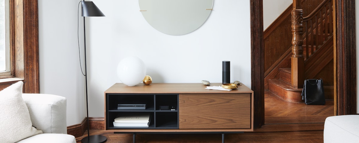 Yuh Floor Lamp and an Aura Media Unit in a living room setting