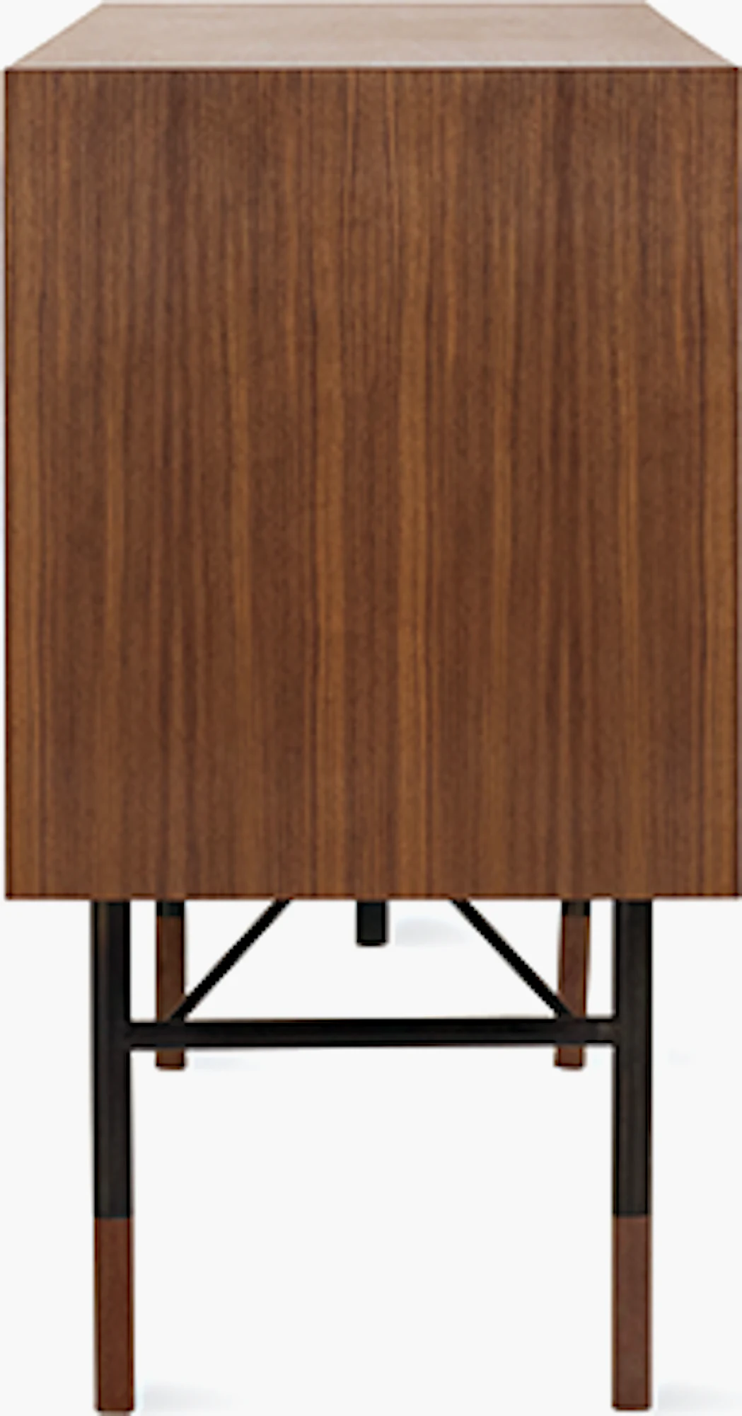 Bottom view of walnut credenza with dark metal frame legs