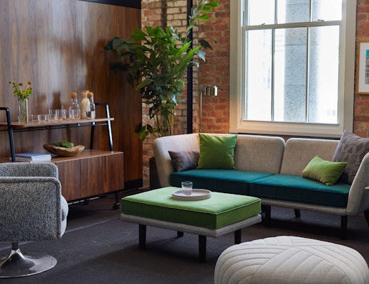 Refuge with Rockwell Unscripted and D rockwell unscripted modular lounge ottoman modular storage side table occasional table muuto five pouf corky carafe and glasses welcoming community essentials