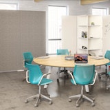 Rockwell Unscripted Backdrop Mobile Markerboard with Sawhorse Round Table rockwell unscripted backdrop mobile markerboard wall collaboration whiteboard space delineation team storage collaboration sawhorse round table meeting space hybird meeting creative wall shared spaces multigeneration by knoll light task chair dark teal