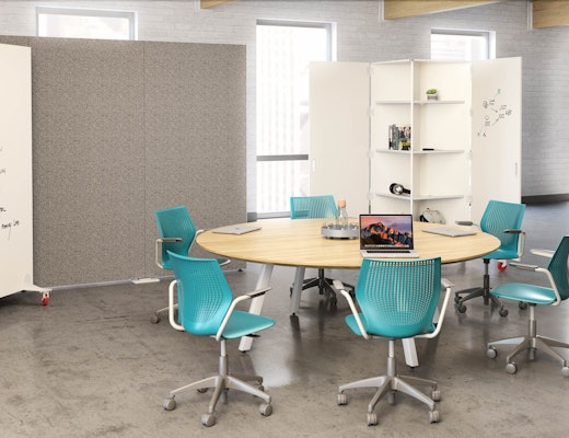 rockwell unscripted backdrop mobile markerboard wall collaboration whiteboard space delineation team storage collaboration sawhorse round table meeting space hybird meeting creative wall shared spaces multigeneration by knoll light task chair dark teal 