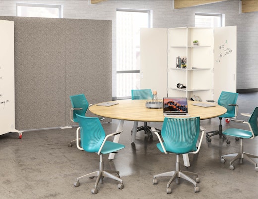 Rockwell Unscripted Backdrop Mobile Markerboard with Sawhorse Round Table rockwell unscripted backdrop mobile markerboard wall collaboration whiteboard space delineation team storage collaboration sawhorse round table meeting space hybird meeting creative wall shared spaces multigeneration by knoll light task chair dark teal