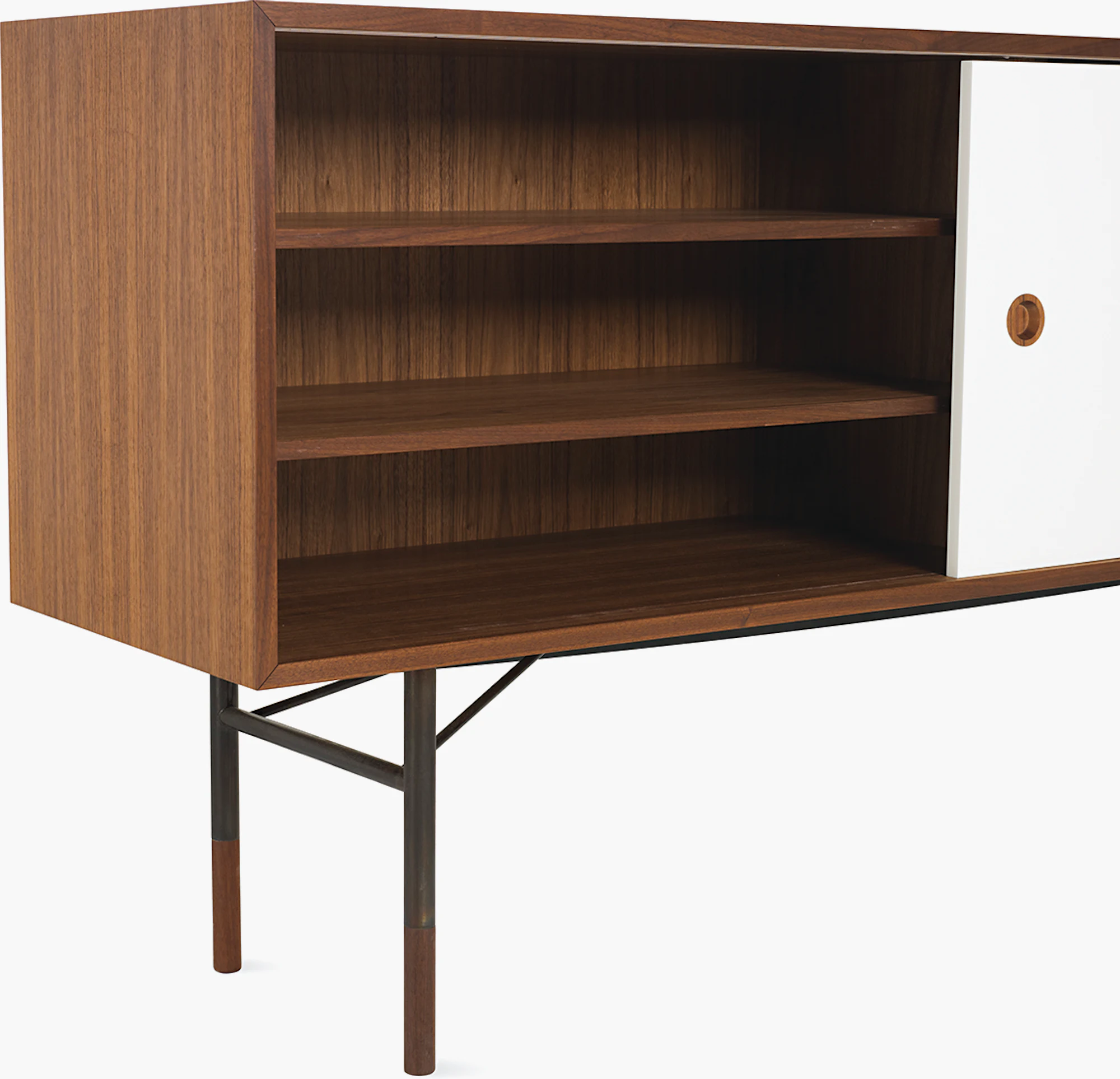 Walnut credenza with open shelves and circular door pulls