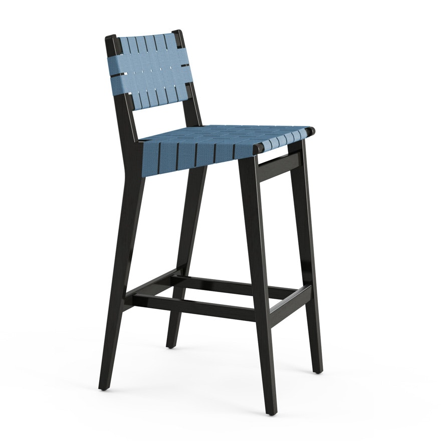Risom Stool - Bar Height, Ebonized Maple, Polished Aluminum, Steel Blue Cotton