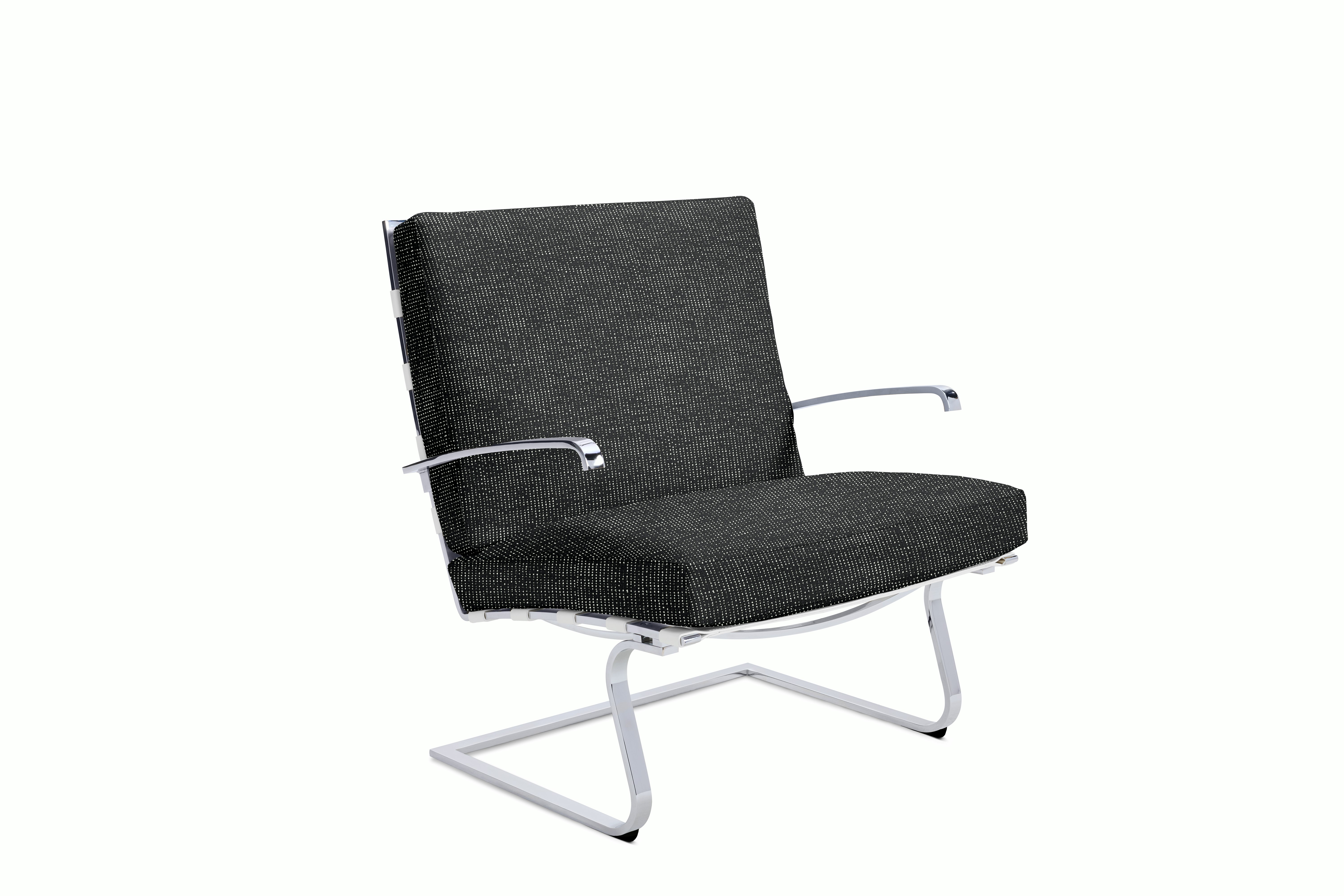 Tugendhat Chair in Prestini,  Black White with belting in Belting Leather,  White and chrome frame