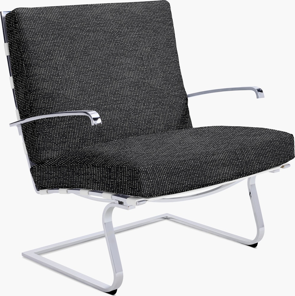 Tugendhat Chair in Prestini,  Black White with belting in Belting Leather,  White and chrome frame