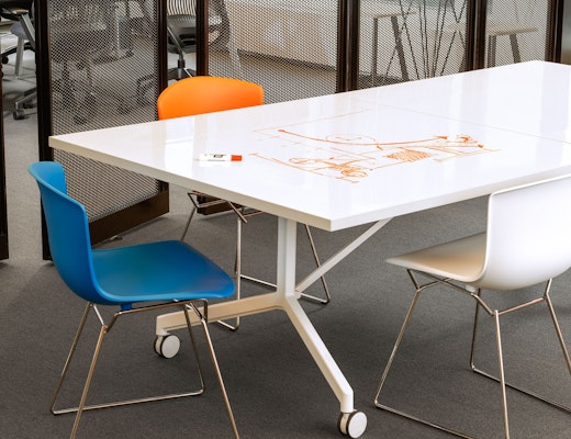 Pixel Y-Fold Training Table Pixel Y-Fold Training Table Markerboard Top Bertoia Molded Shell Side Chair