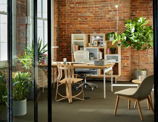 Private Office with Antenna Desk, Generation by Knoll, Gehry Hat Trick Chair, and Muuto antenna workspaces desk generation task chair risom side table frank gehry hat trick chair muuto fiber lounge chair with wood base stacked storage system restore tray leaf lamp san francisco showroom private office