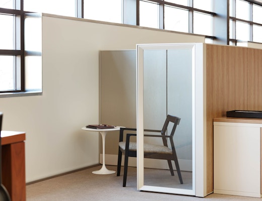 Dividends Horizon Refuge with Krusin Lounge Chair and Saarinen Table laminate fronts wood grain laminate front filing common top glass screen