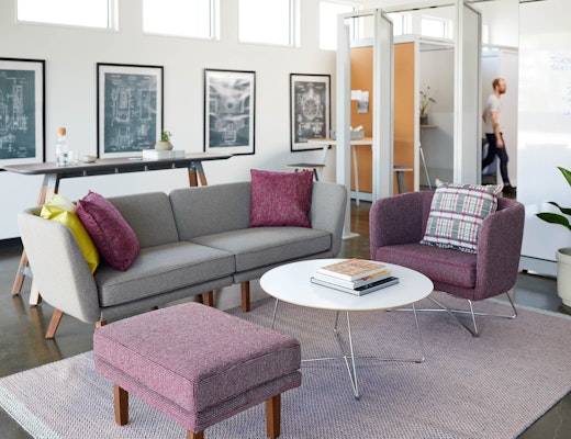 Rockwell Unscripted Lounge Space rockwell unscripted creative wall perforated steel pivot fins semi enclosed rooms team meeting lounge tall table drink modular lounge sofa club chair wire base occasional table coffee table petite square ottoman wood legs markerboard muuto ply rug