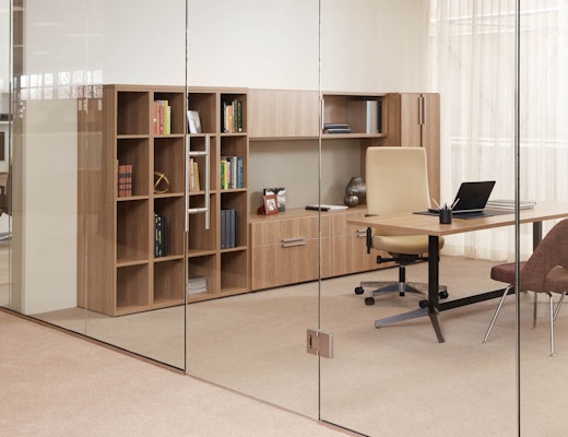 Anchor with Dividends Horizon Private Office knoll essentials refined focus wood grain laminate bookcase cubby credenza overhead storage locker tackboard table desk laminate fronts