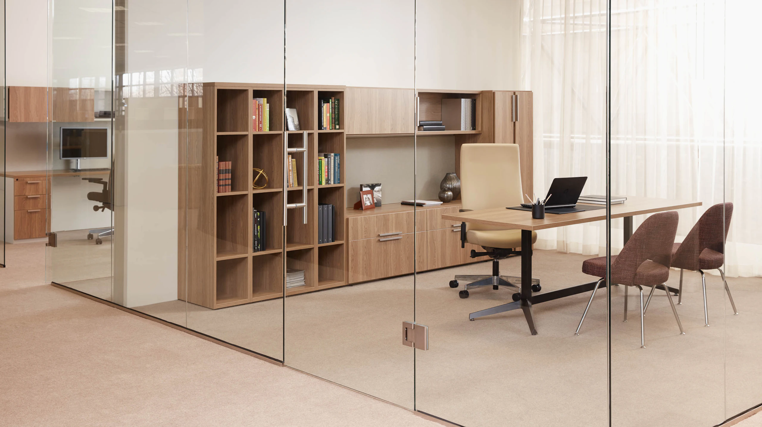 Knoll essentials refined focus wood grain laminate bookcase cubby credenza overhead storage locker tackboard table desk laminate fronts.