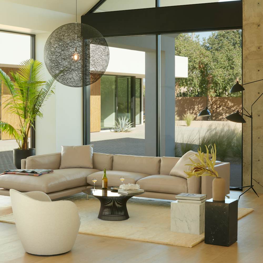 Como Sectional, Serge Mouille Floor Lamp, Platner Coffee Table, Ruti Moroccan Wool Rug, Lina Swivel Chair, Random Pendant, Hew Side Table, Plinth Side Table