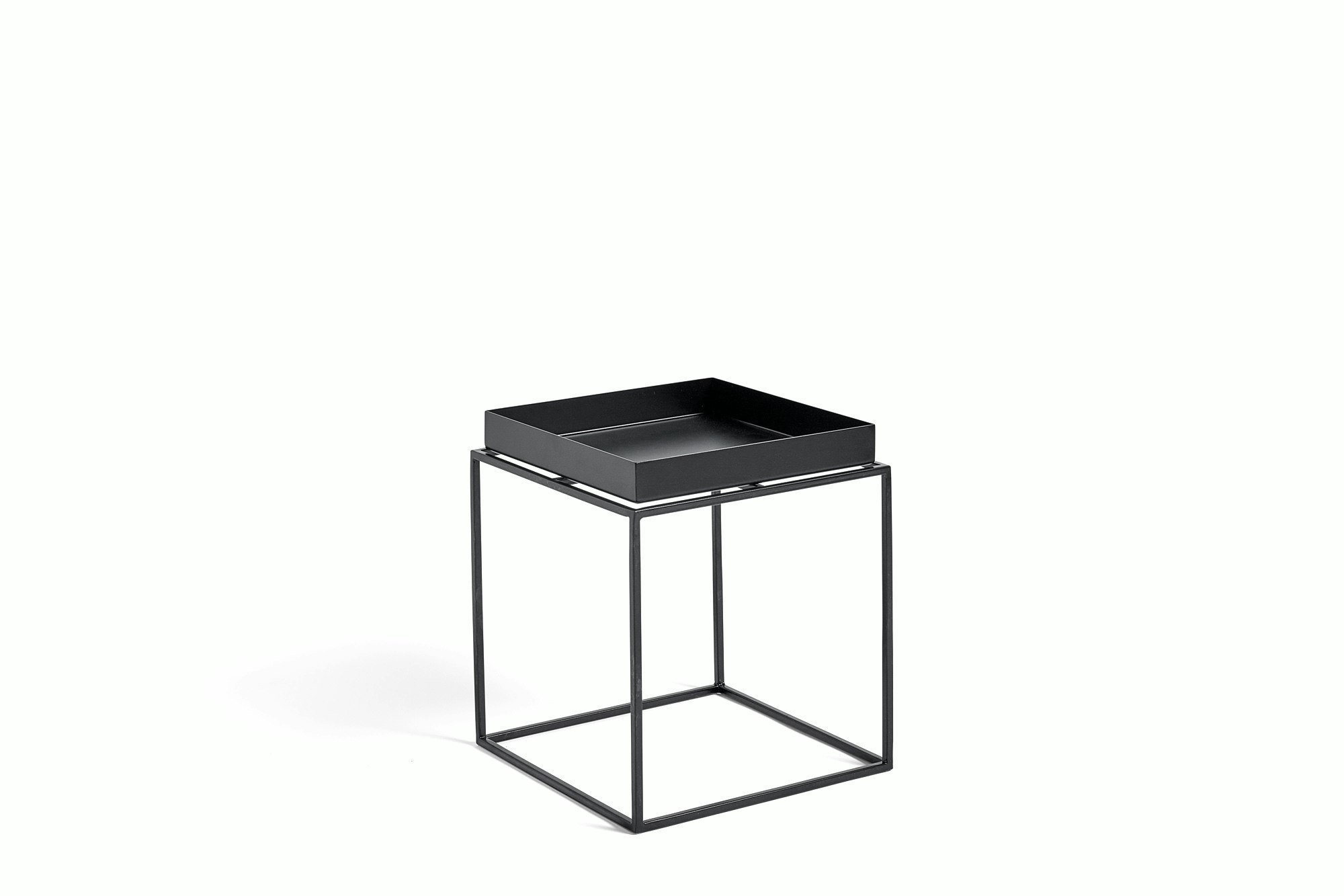 Black, square Tray Side Table, viewed at an angle.