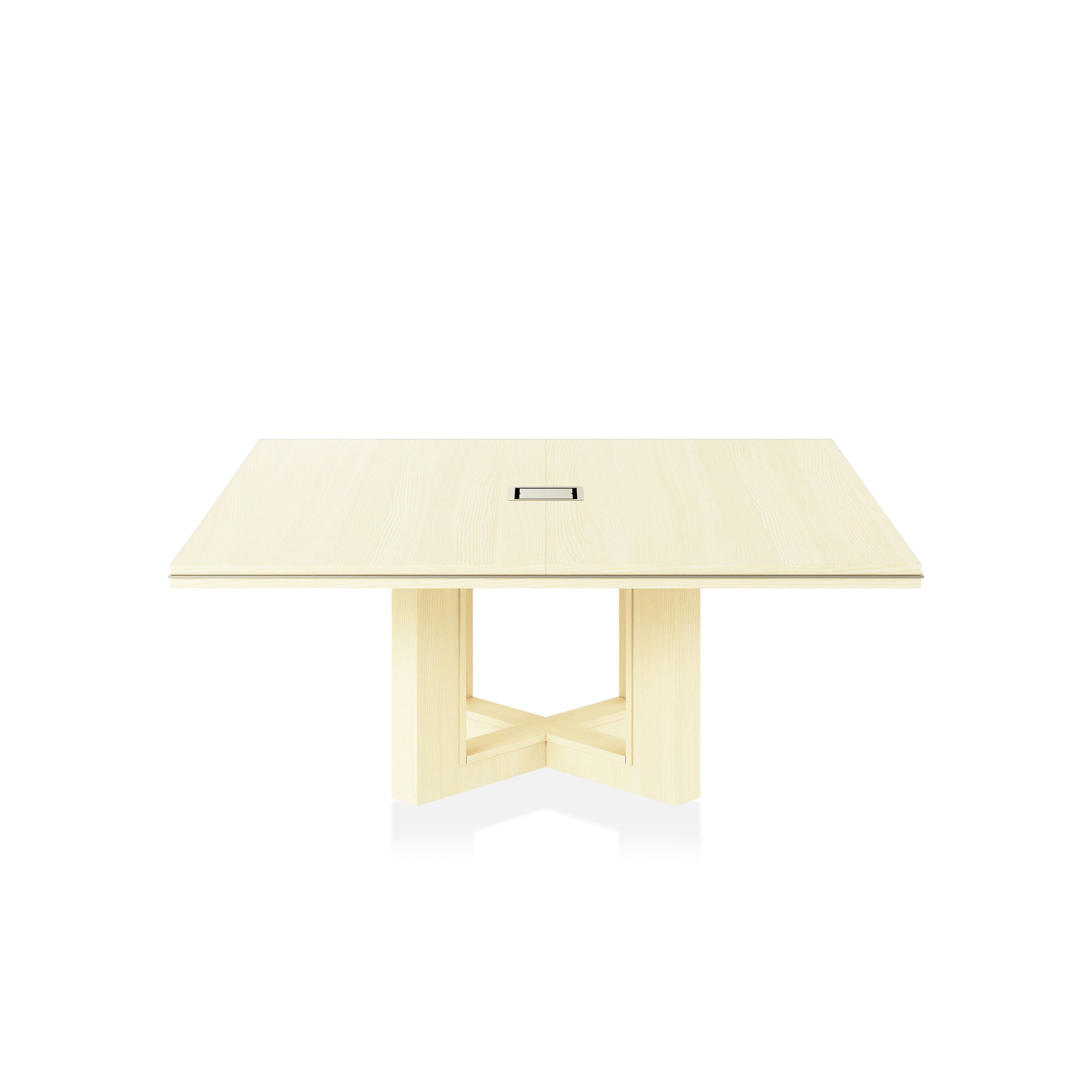 Square Highline Fifty Meeting Table in White Quarter Cut Ash and Satin Nickel details viewed from the side.