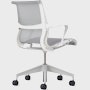 Rear angle view of a Setu chair with grey suspension, white frame and silver alloy base.