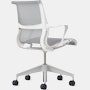 Rear angle view of a Setu chair with grey suspension, white frame and silver alloy base.