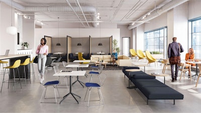 A brightly lit community setting featuring four persons utilizing a variety of colorful seating options including the HAY Uchiwa Lounge Chair, Muuto Base Tables, and Muuto Still Cafe Tables