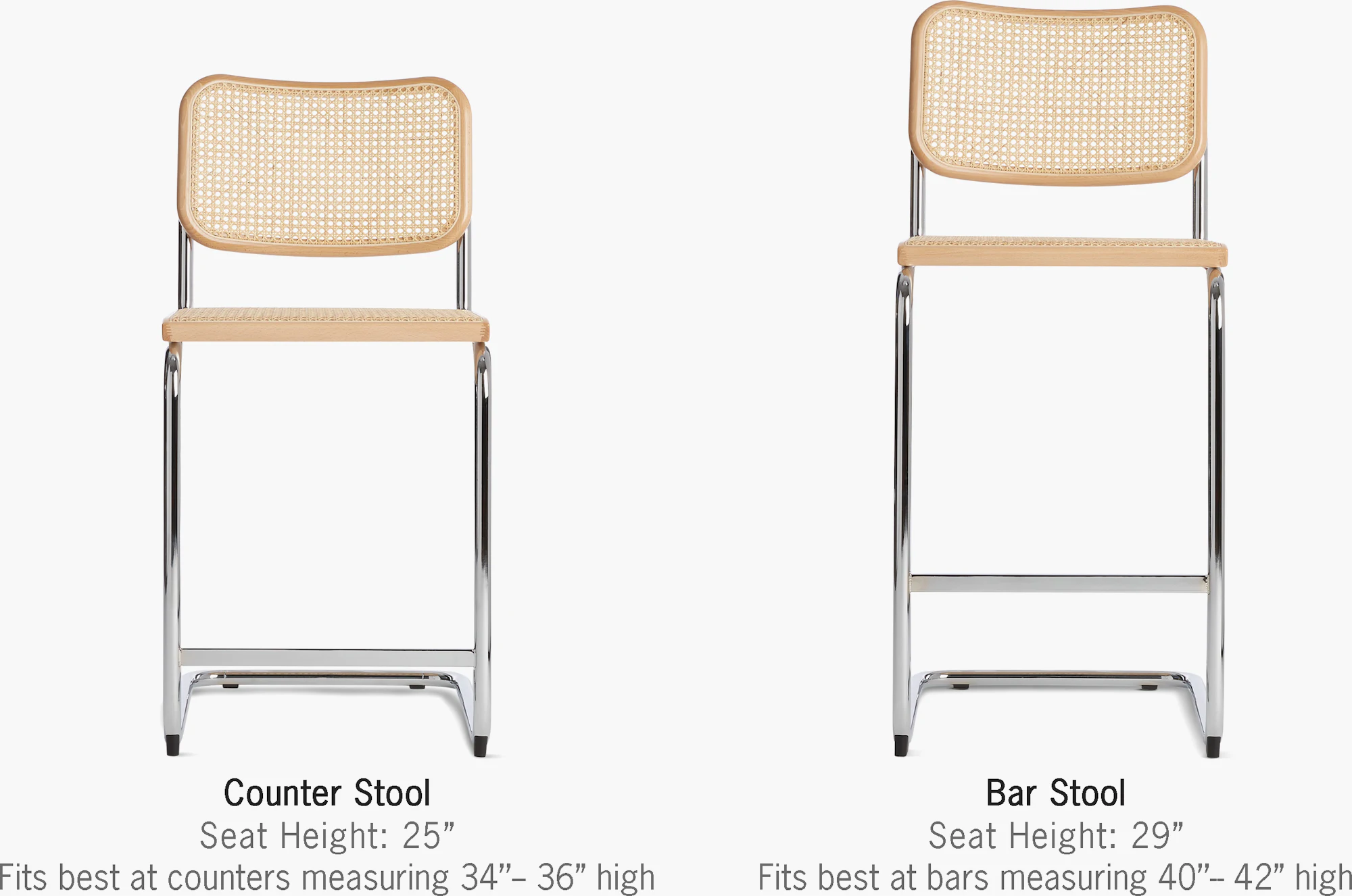 Illustration comparing counter and bar height Cesca stools with seat heights.