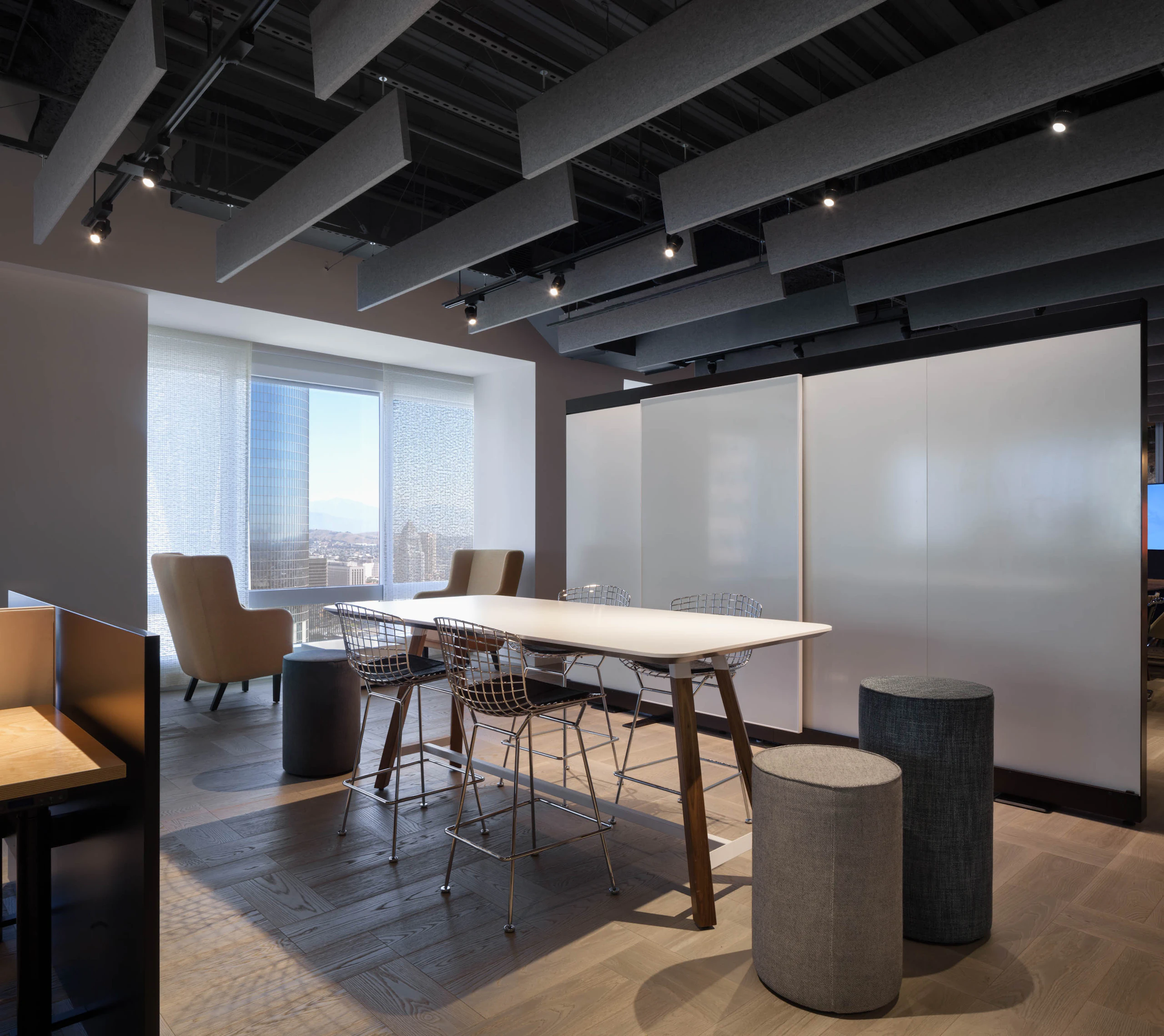 rockwell unscripted tall table bertoia barstool upholstered seat swivel cylinder highback chair