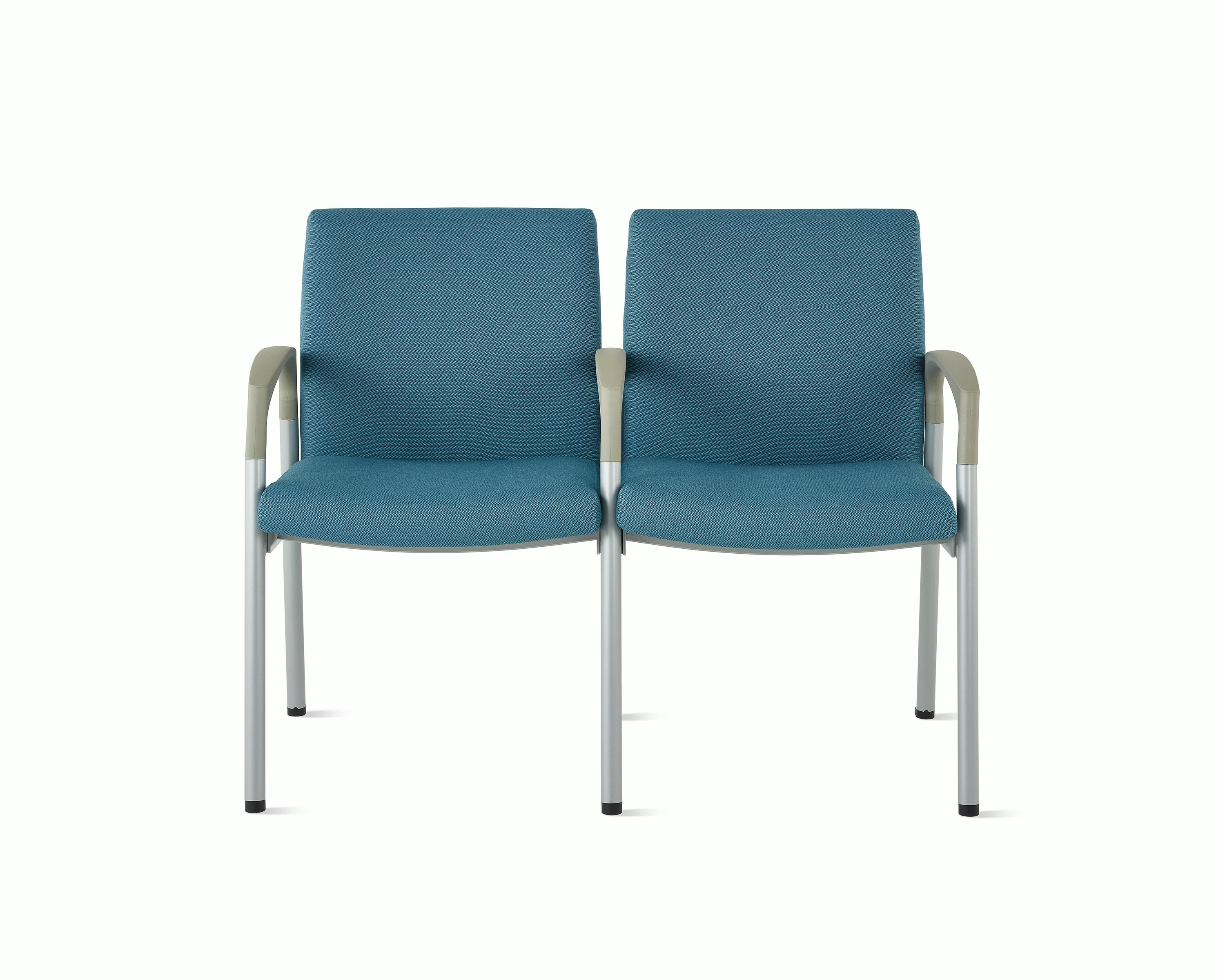 Front view of Valor two-seat multple seating with intervening arms and legs in a blue upholstery, silver frame, and pewter armcaps on white sweep.