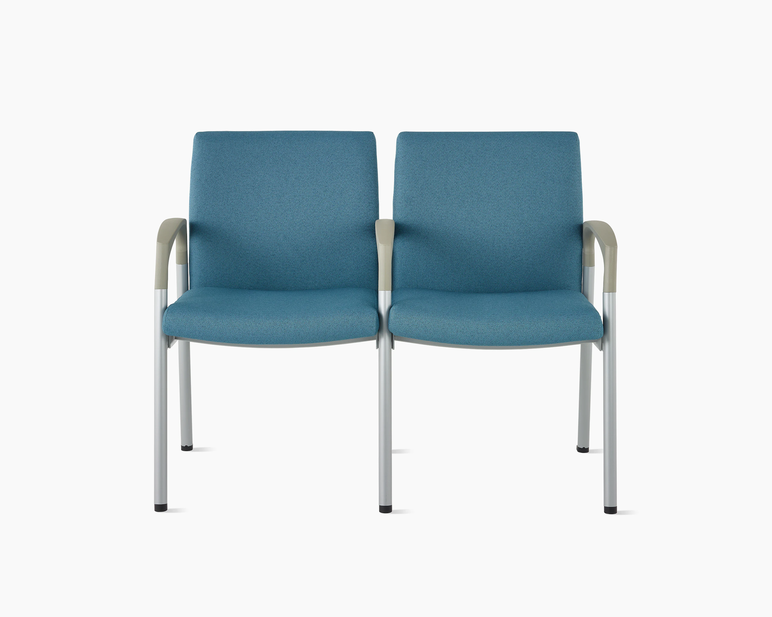 Front view of Valor two-seat multple seating with intervening arms and legs in a blue upholstery, silver frame, and pewter armcaps on white sweep.