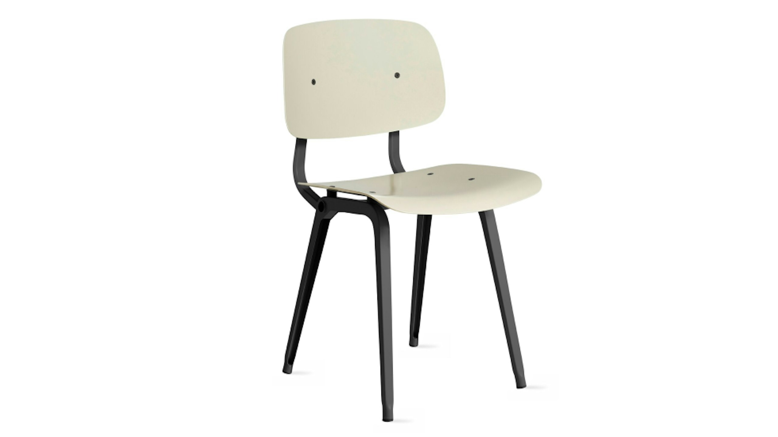 A three-quarter angled view of a black and white HAY Revolt chair