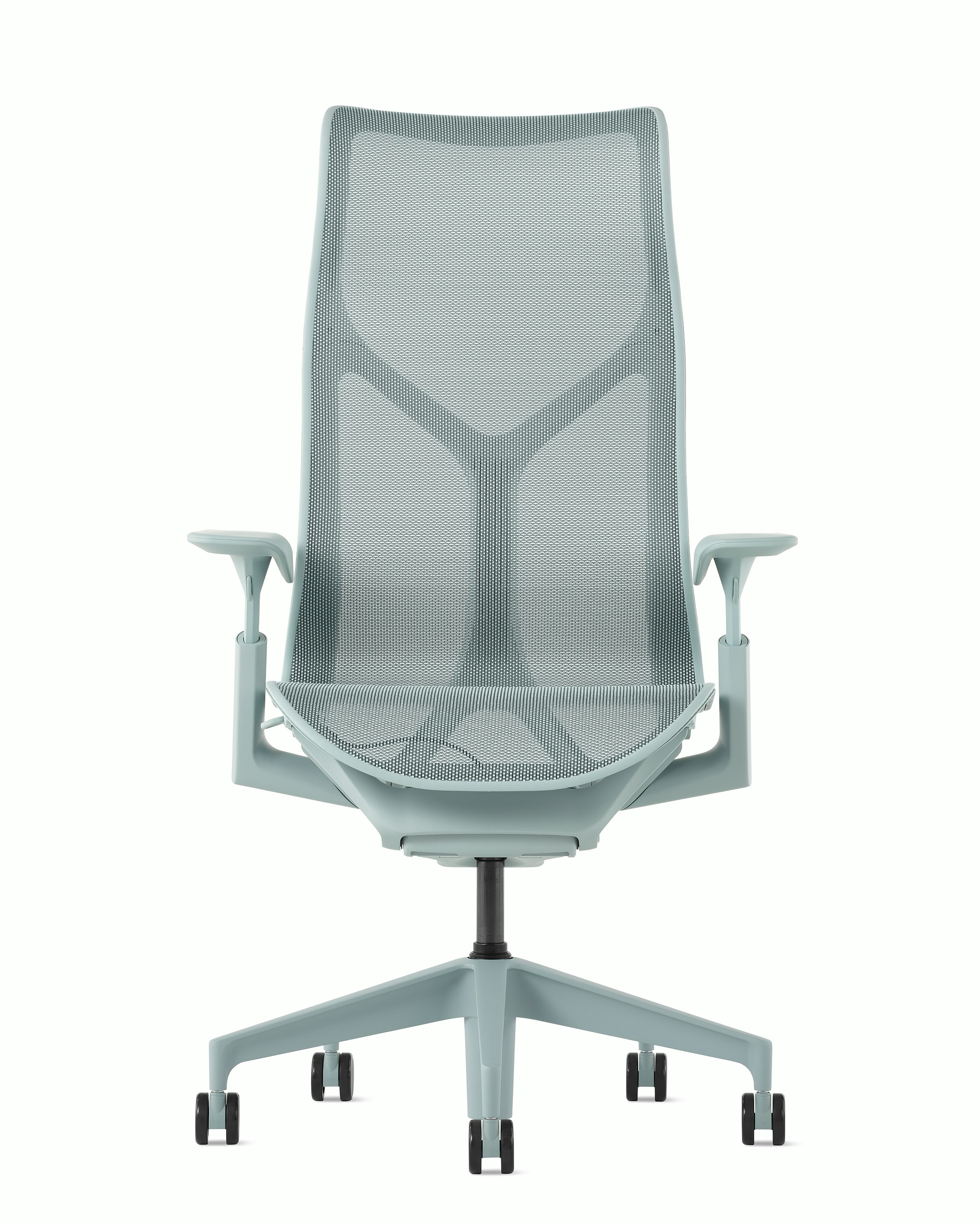 A glacier high-back Cosm Chair with height adjustable arms.