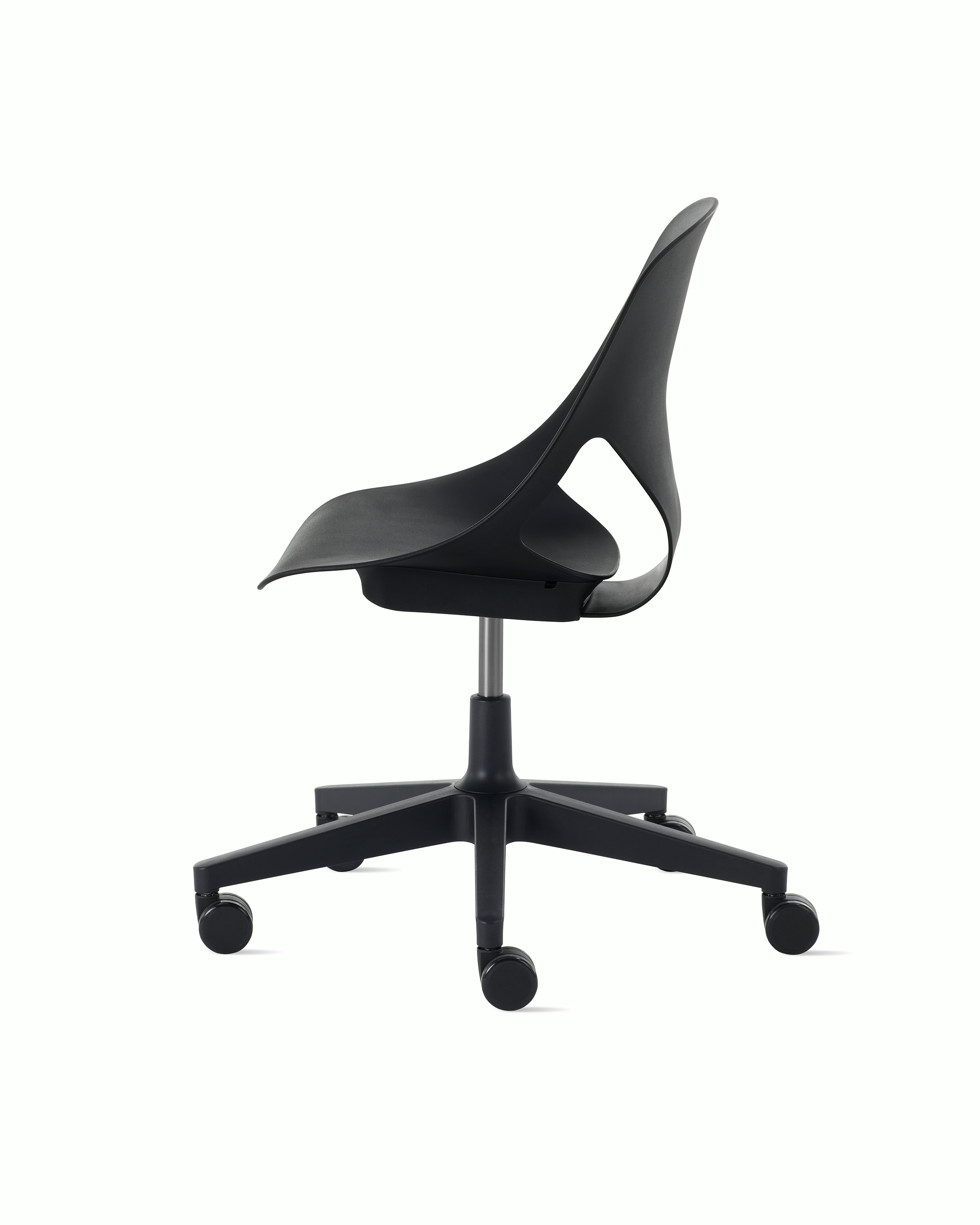 Side view of a black armless Zeph chair.