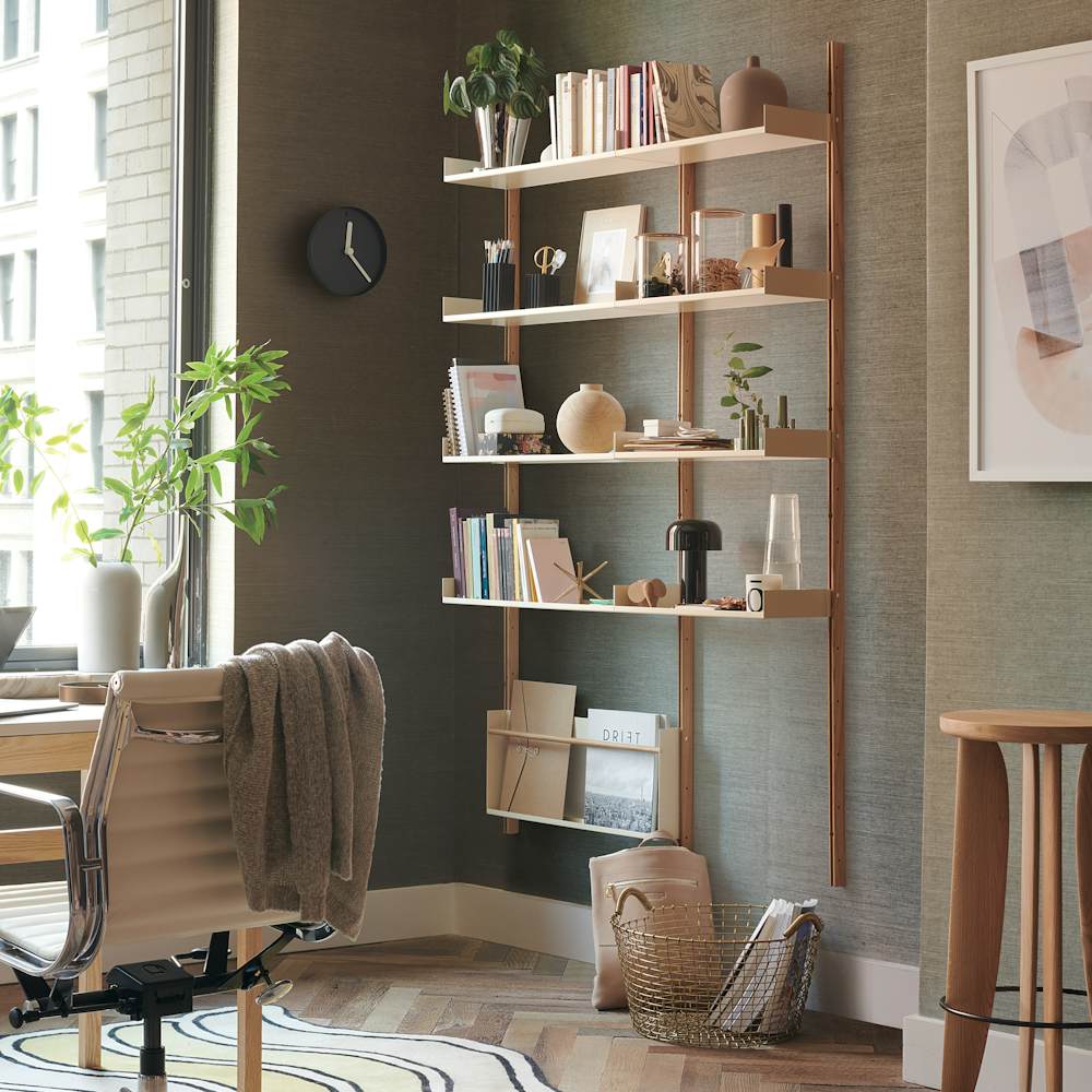 Risom Desk with Eames Aluminum Group Chair and Modul Shelving  in office setting
