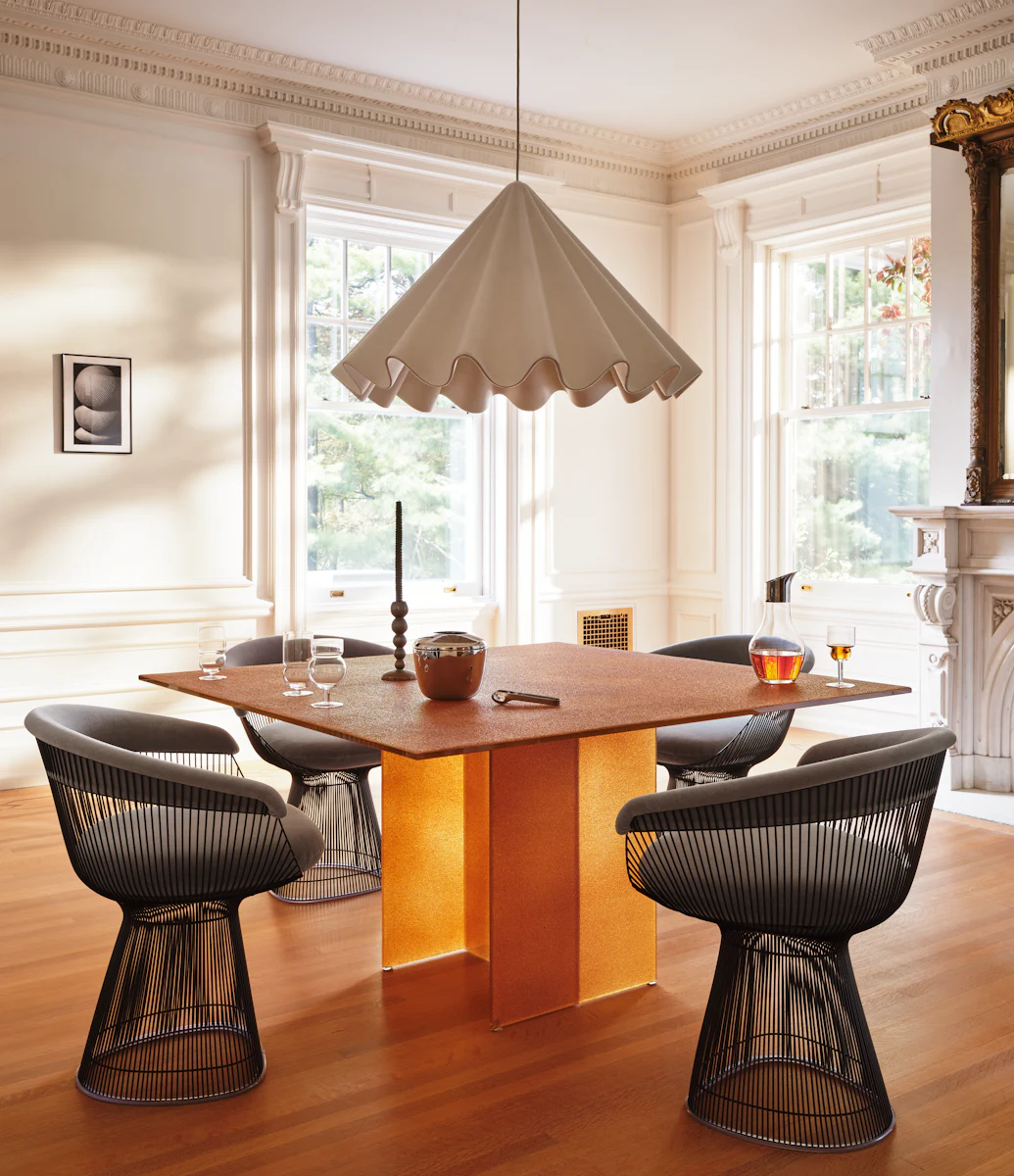 Blue table pedestal with two vertical panels and top extending surface
