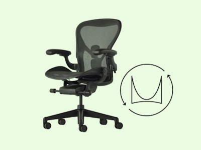 An Aeron Chair and the Herman Miller logo on a mint colored background.