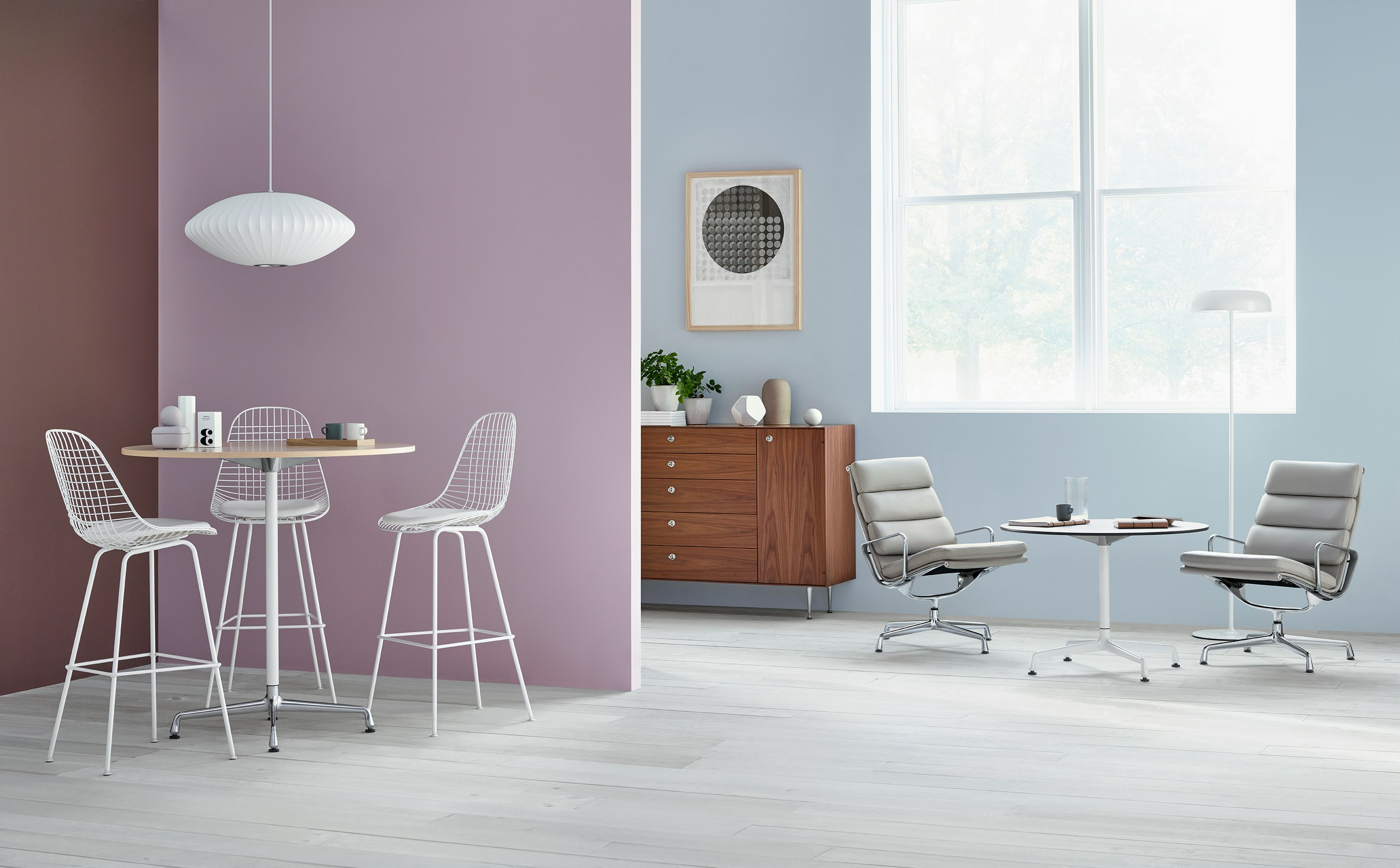 Eames Tables with Eames Soft Pad Chairs and Eames Wire Stools