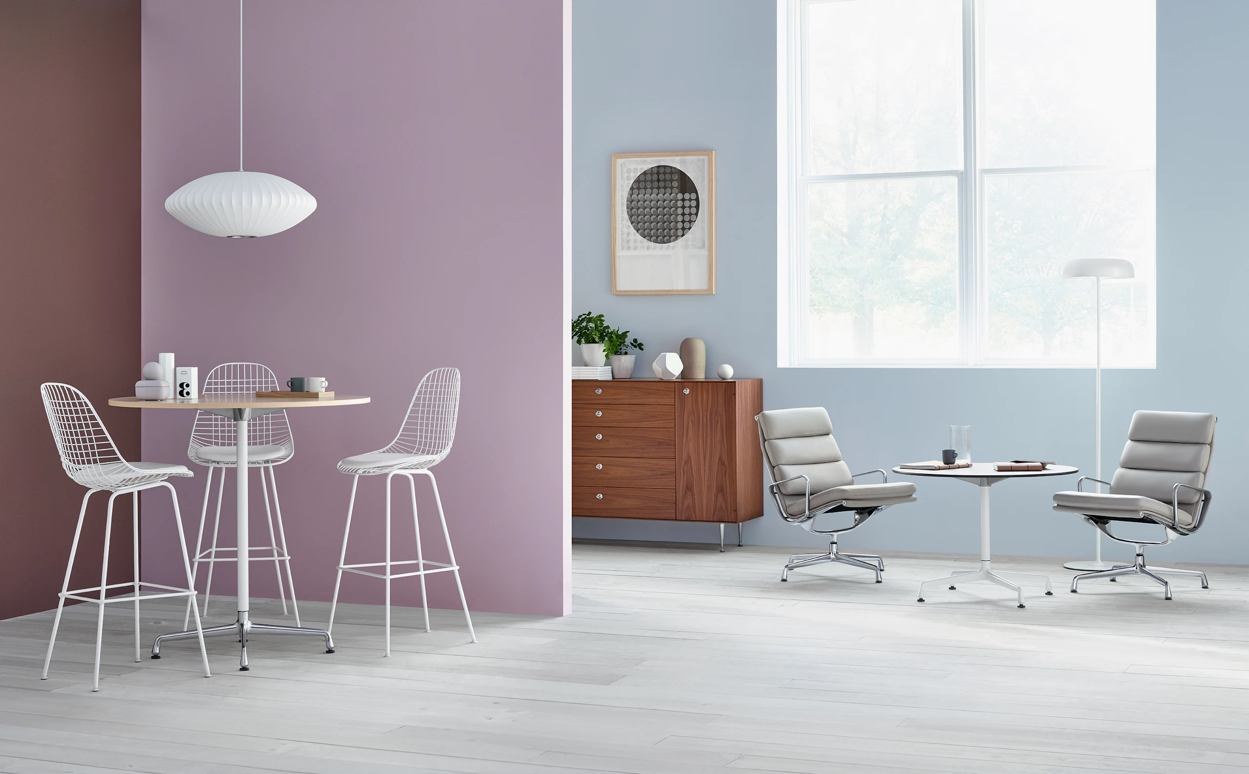 Eames Tables with Eames Soft Pad Chairs and Eames Wire Stools