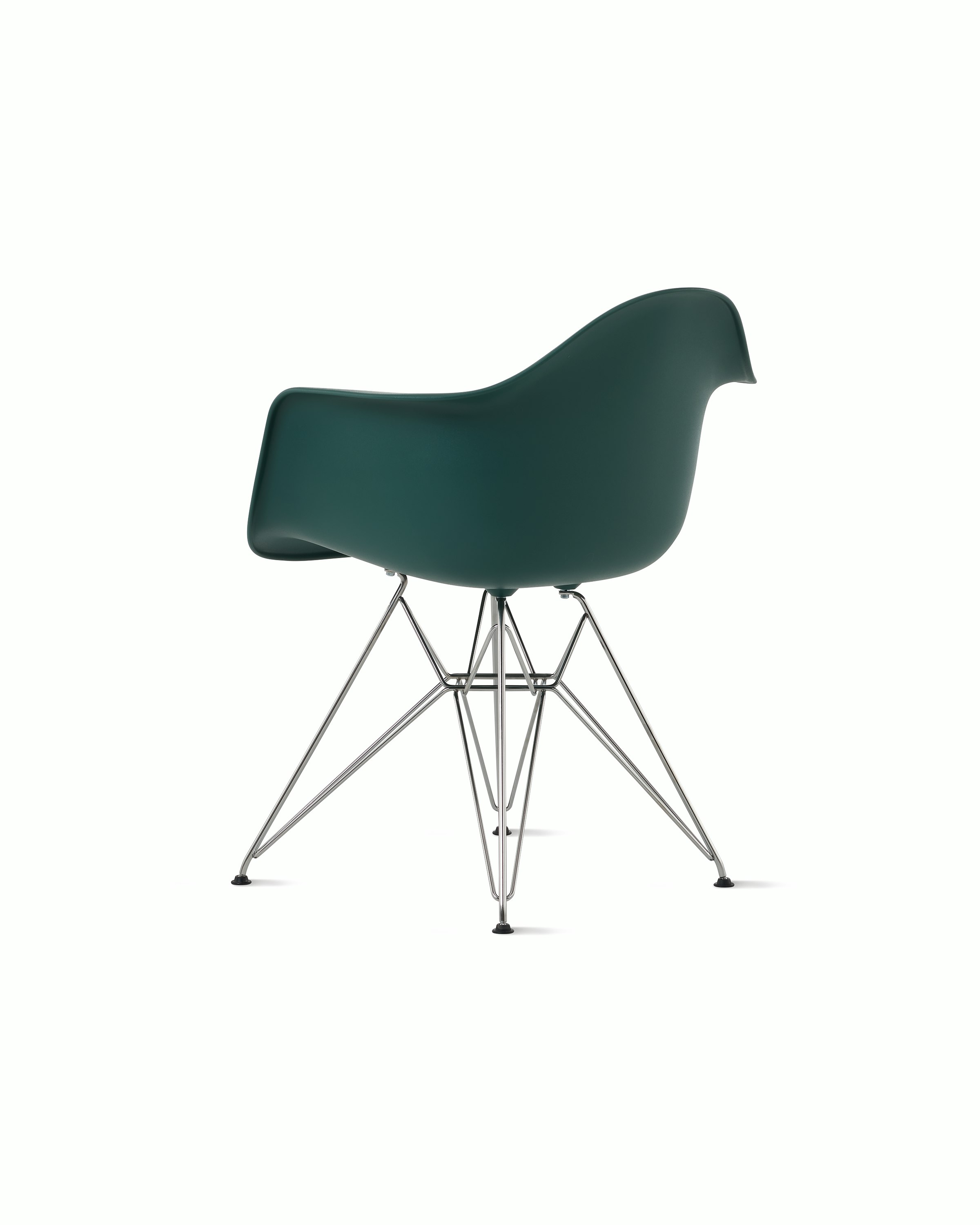 Back angle of evergreen plastic shell chair with wire base legs.