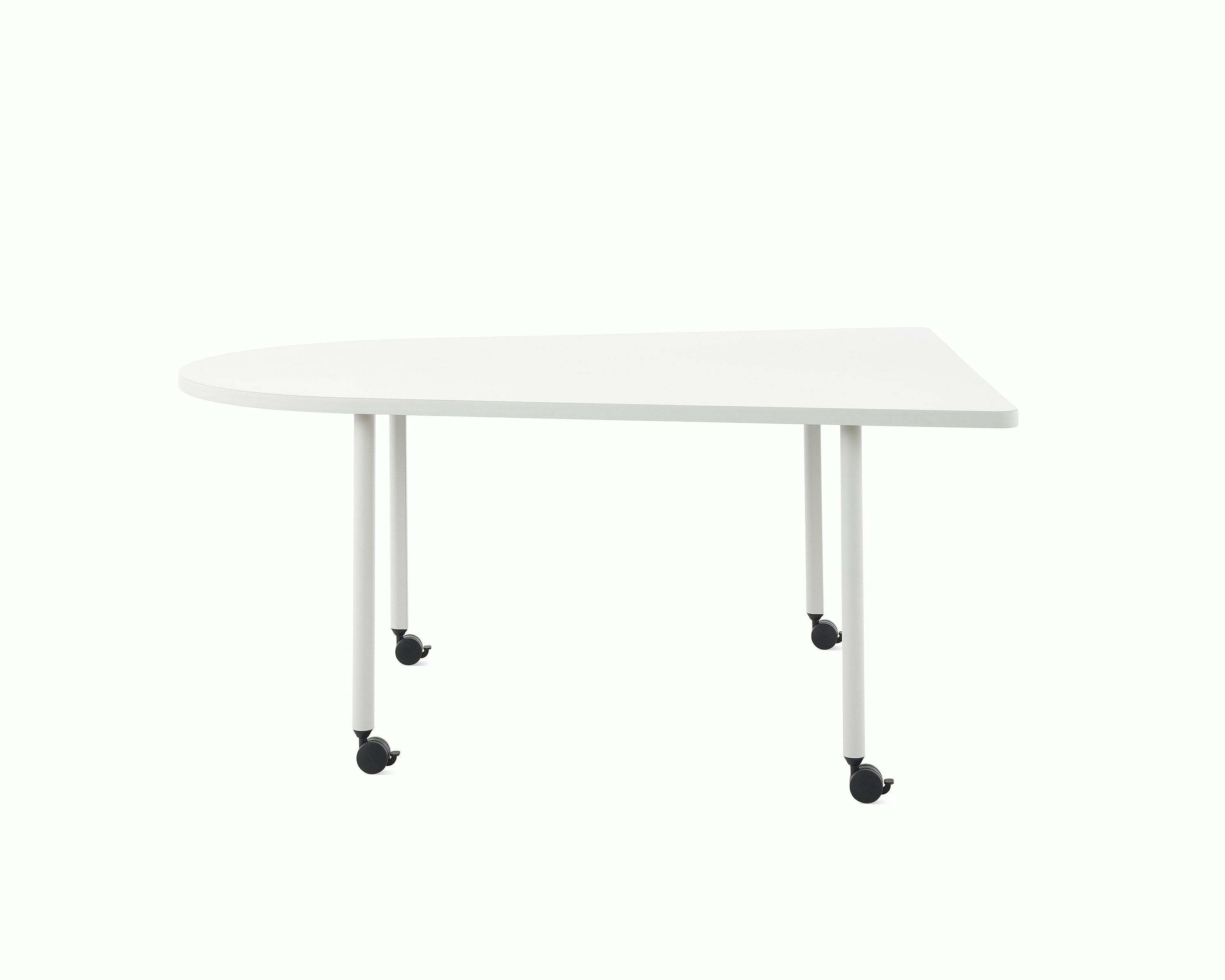An OE1 Huddle Table with white surface and grey legs, viewed from the side.