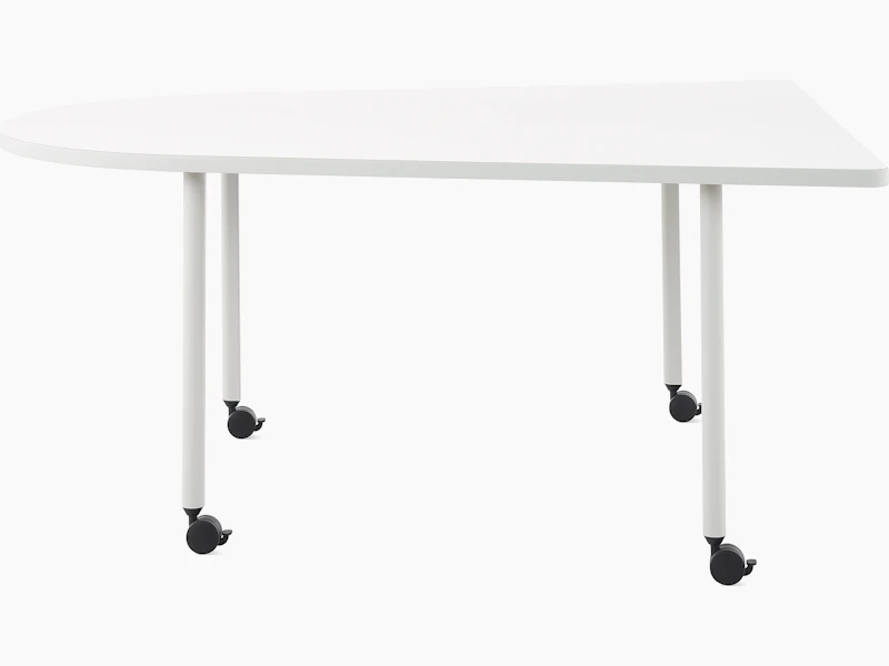 An OE1 Huddle Table with white surface and grey legs, viewed from the side.