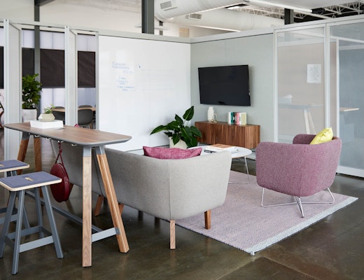 Rockwell Unscripted Team Meeting Lounge rockwell unscripted creative wall perforated steel pivot fins fixed fins enclosed rooms team meeting lounge tall table drink rail easy stools modular lounge sofa club chair occasional table coffee table credenza tv monitor markerboard muuto ply rug